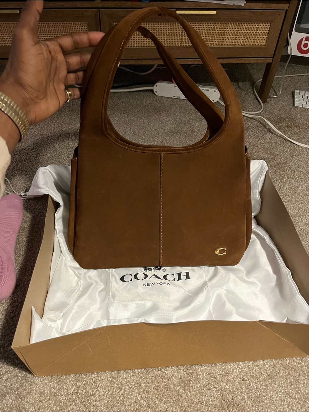 Coach Suede Shoulder Bag in Chestnut Brown with Gold Accent